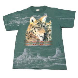 Vintage CMJ Sports Wear Wolf Pack Print T-Shirt Green Single Stitch USA Large